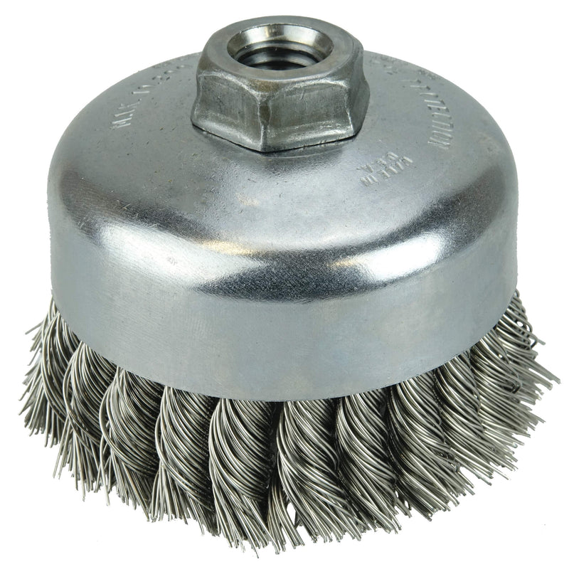Weiler 12416 4" Single Row Knot Wire Cup Brush, .023" Stainless Steel Fill, 5/8"-11 UNC NUT, Made in the USA 4" Dia .023" Wire Size x 1-1/4" Trim Length