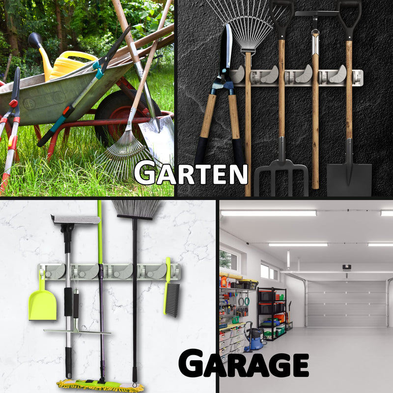 Space-saving device holder for the wall - aluminum profile with 4 individually positionable brackets and 5 hooks [for brooms, garden tools, tools] - ideal in the garage, workshop and garden 1