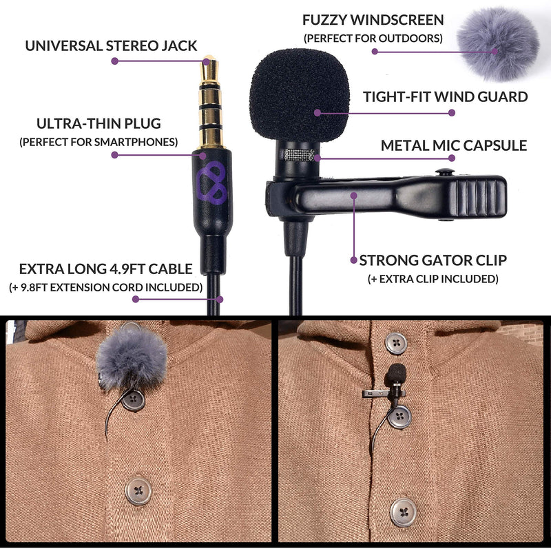 Purple Panda Lavalier Lapel Microphone Kit - Clip-on Omnidirectional Condenser Lav Mic Compatible with iPhone, iPad, GoPro, DSLR, Zoom/Tascam Recorder, Samsung, Android, PS4