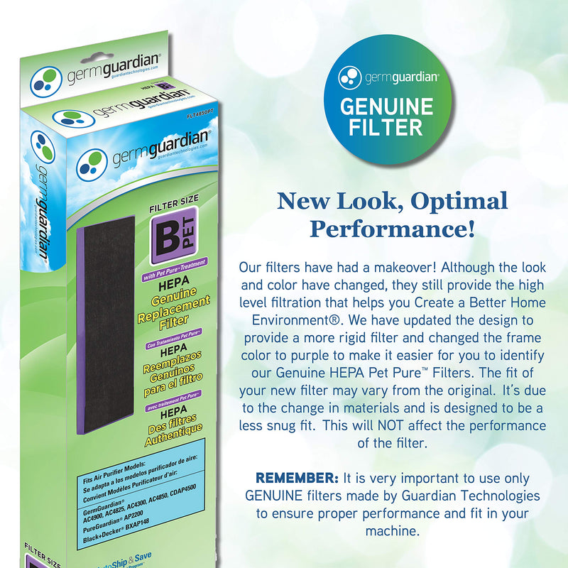 Germ Guardian FLT4850PT True HEPA Genuine Air Purifier Replacement Filter B, with Pet Pure Treatment for GermGuardian AC4900, AC4825, AC4850PT, CDAP4500, AC4300, and More, 1 Count (Pack of 1) 1 Pack