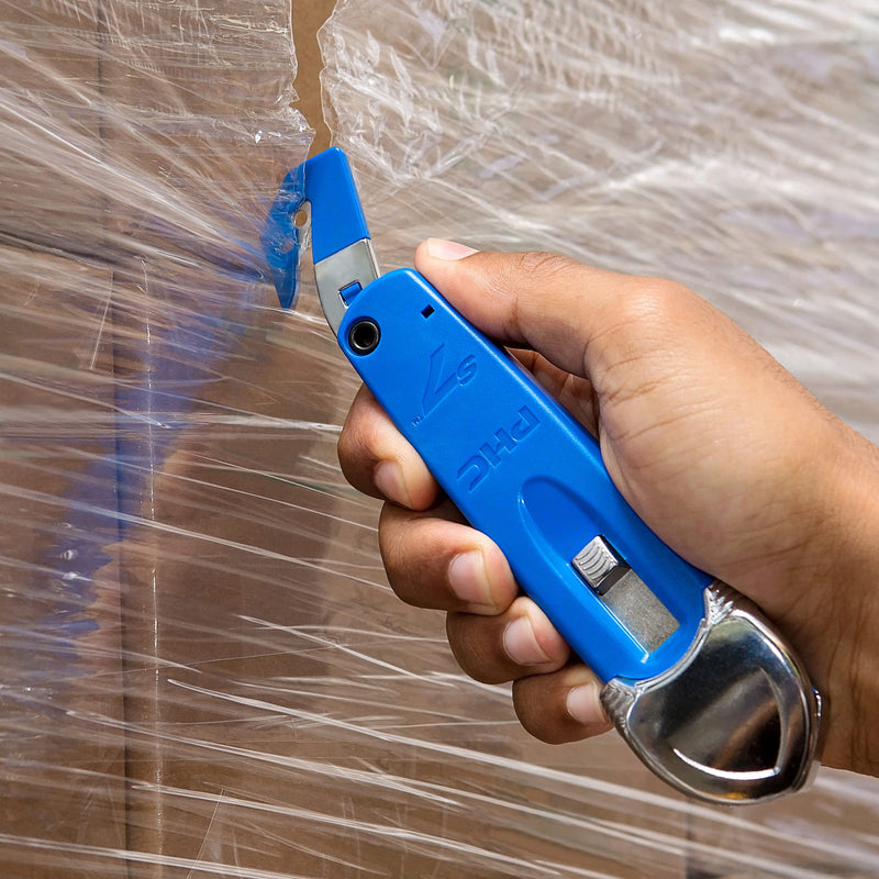 Pacific Handy Cutter S7 Safety Cutter, 3-in-1 Self-Retractable Utility Knife with Fold-Out Film Cutter, Bladeless Tape Splitter, Guard for Safety & Damage Prevention , Blue S7 Premium Safety Cutter - 3-in-1