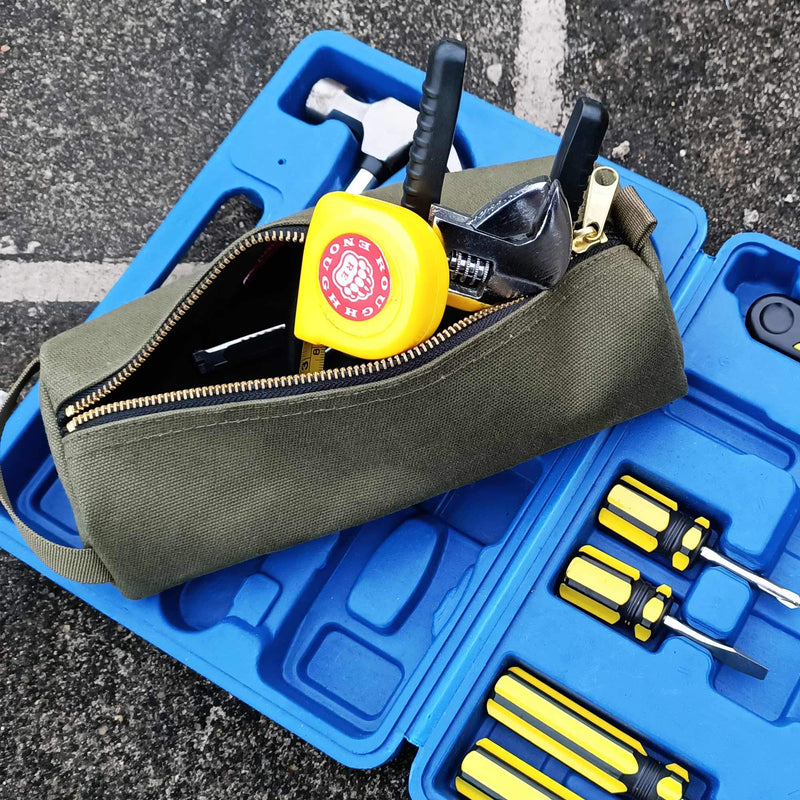 Rough Enough Canvas Small Tool Bag Pouch Storage Organizer Box Pencil Case for School Art Supplies with Zipper for Men Army Green
