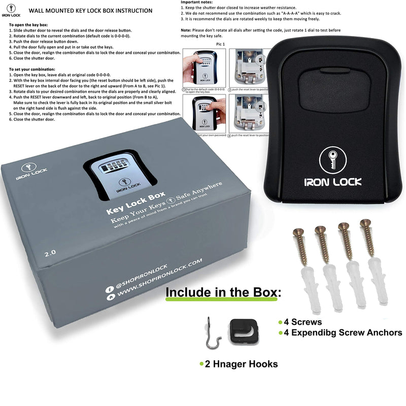 Iron Lock® Wall Mount Key Lock Box for Keys 4 Digit Combination with Resettable Code with A B Switch Waterproof Indoor Outdoor House Key lockbox for Spare House Keys 5 Capacity Medium Black