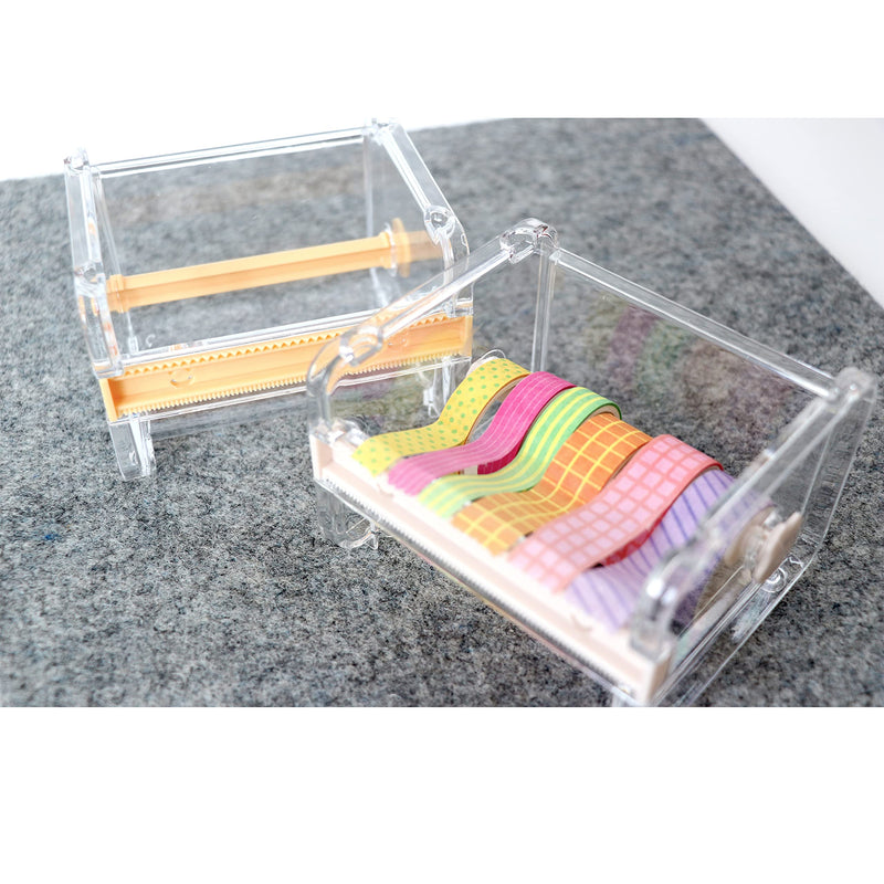 SQian 2 Pack Transparent Visible Desktop Multi Washi Tape Dispenser, Desktop Acrylic Roll Tape Storage Box Holder Organizer Cutter for Office Tape DIY Sticker(Not Include Tape)(Beige/Yellow)