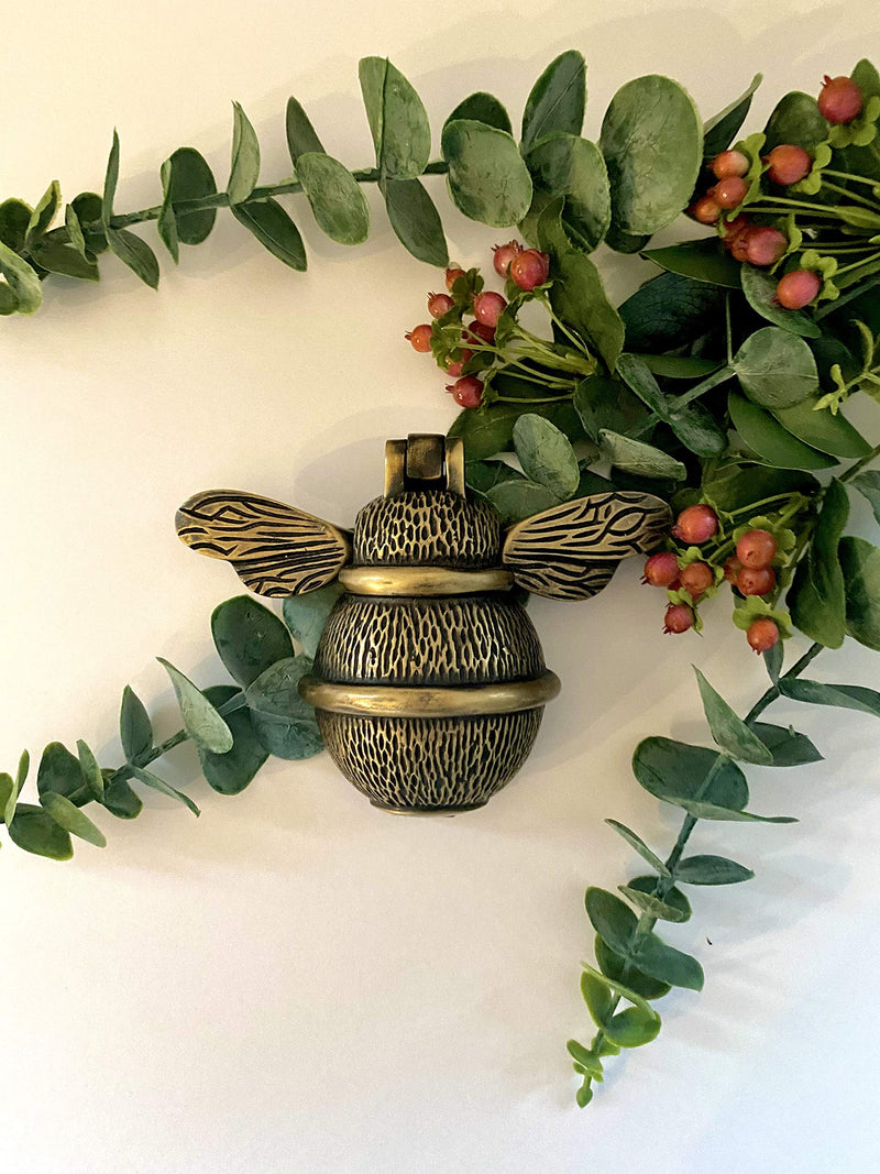 Bee Door Knocker for Front Door | Polished Solid Brass Bee | Brass Knockers with Strike Plate | UPVC | Bumblebee Front Door Furniture with a Unique Design (Antique Brass) Antique Brass