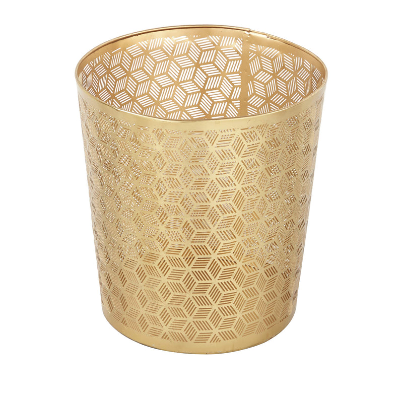 CosmoLiving by Cosmopolitan Metal Geometric Small Waste Bin with Laser Carved Design, 9" x 9" x 10", Gold Hexagon