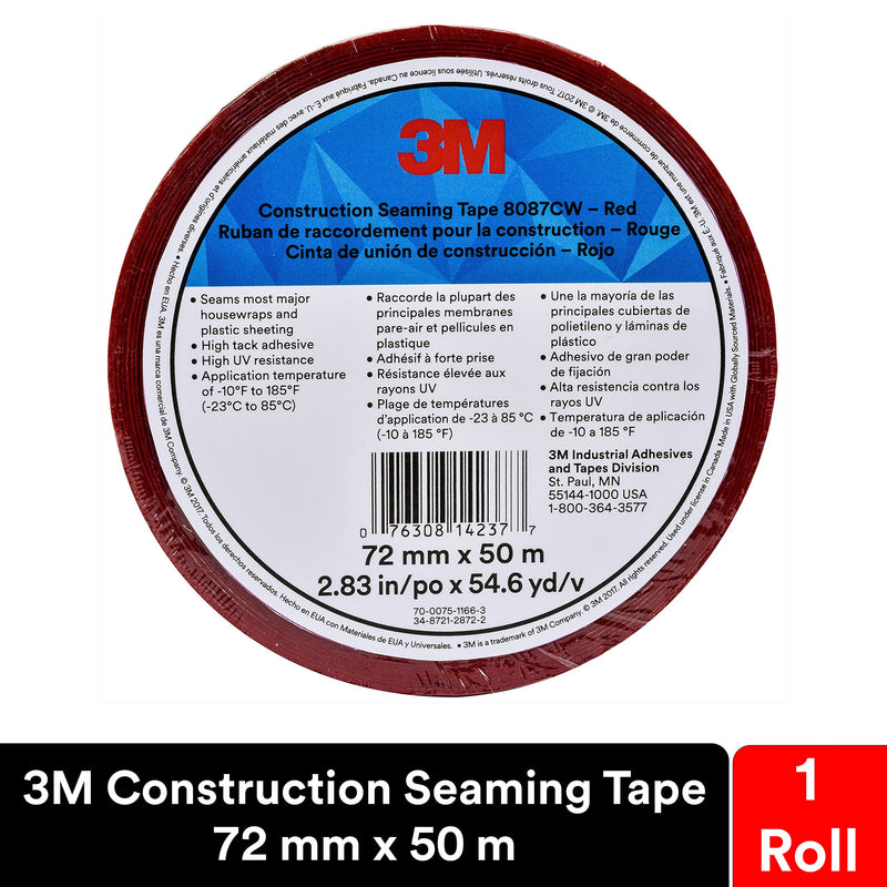 3M Construction Seaming Tape 8087CW, 1 Roll, Red, 72 mm x 50 m, Sheathing Tape for Seaming, Splicing, Sealing, and Repairing Moisture Barriers, Flexible in Cold Weather and High Heat