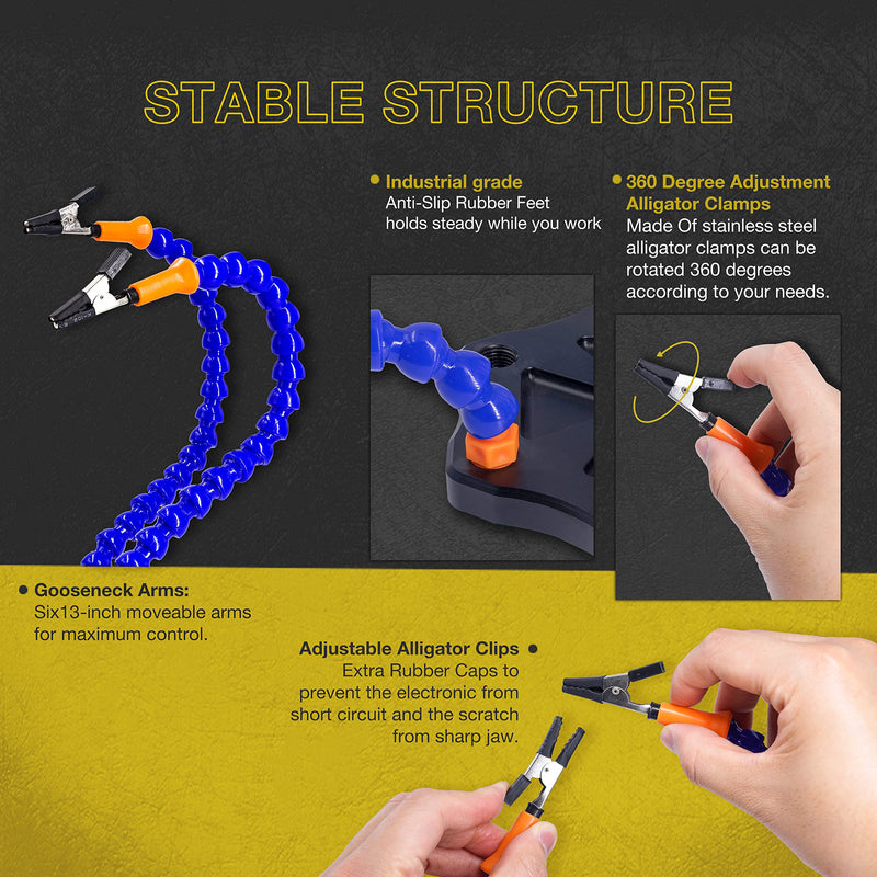Fstop Labs Kotto Third Hand Soldering Circuit Board Holder Tool Six Arms Helping Hands Craft Workshop Helping Station Non-Slip Aluminum Base Wire Cutter Pliers Six Arms