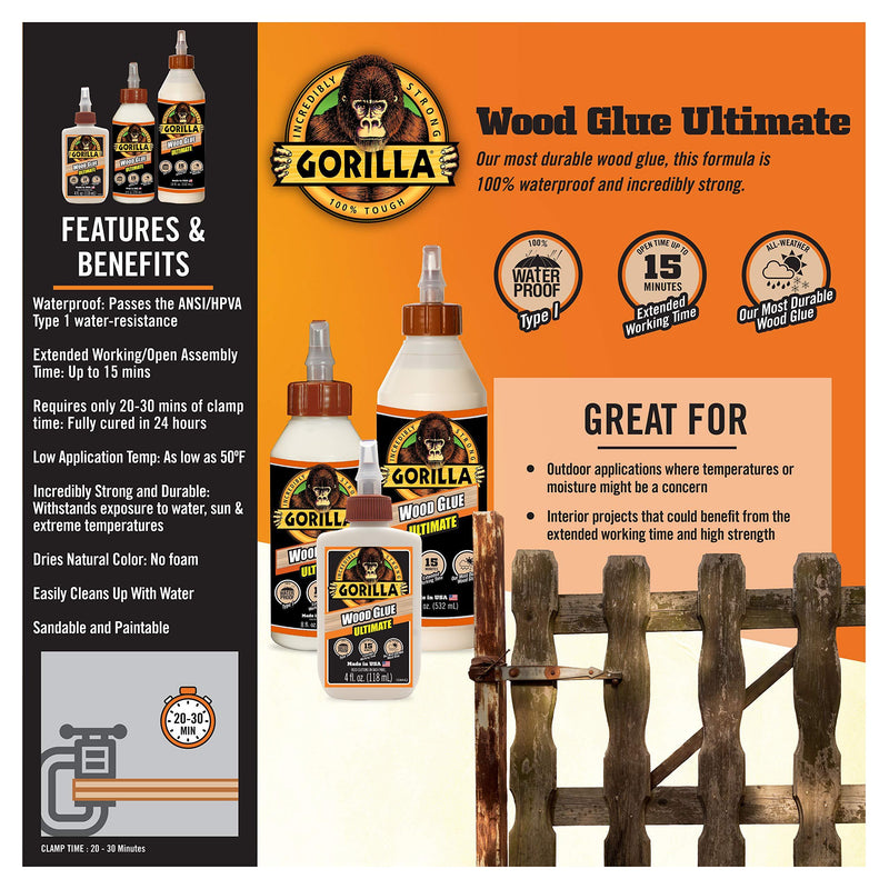 Gorilla Ultimate Waterproof Wood Glue, 8 ounce, Natural, (Pack of 1) 1 - Pack