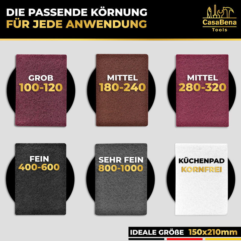 Sanding fleece for sanding wood - Made in Germany - Set of 6: 5 sanding pads with 5 grain sizes 100-1000 + 1 cleaning fleece without grain - 150x210mm - Sanding fleece for wood, metal, stainless steel and much more. Mix set