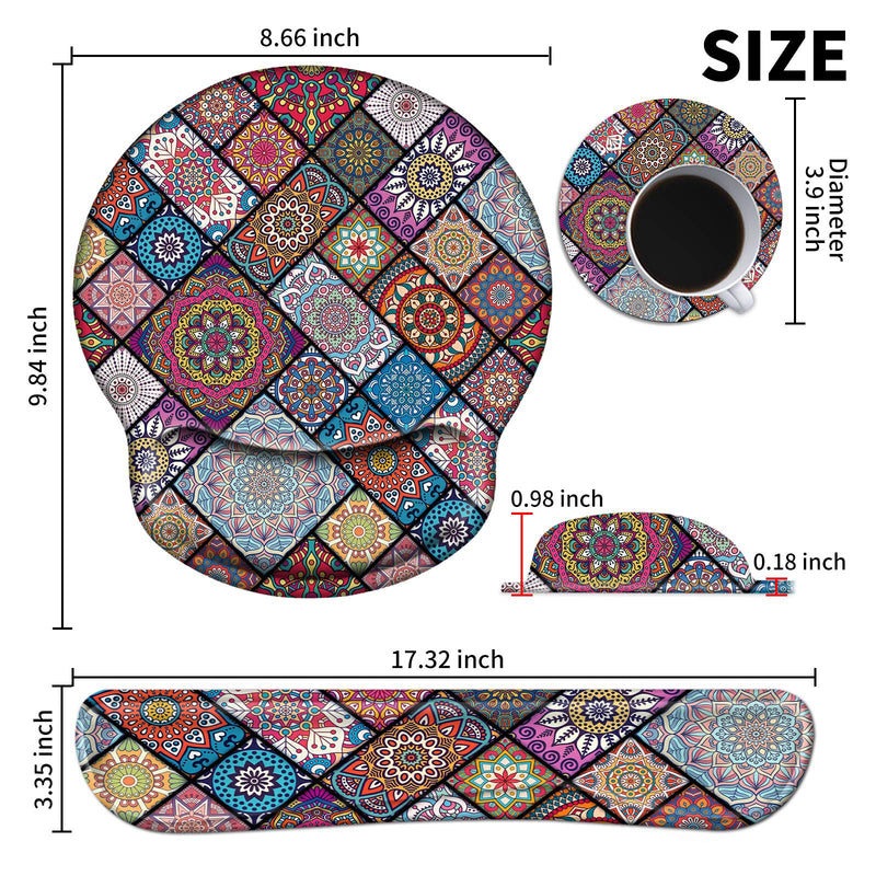 Ergonomic Keyboard Wrist Rest and Mouse Pad Wrist Rest Support Set, Non Slip Rubber Base Wrist Support Mousepad with Memory Foam for Laptop/Gaming +Coffee Coaster,Mandala Mandala