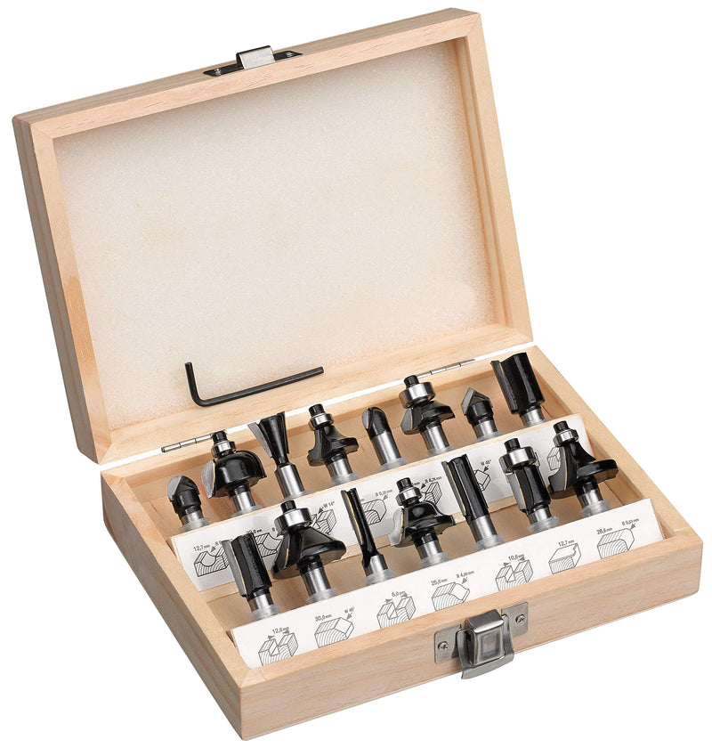 Original Einhell 15-piece milling cutter set (suitable for electric routers, 15 pieces, 8 mm shaft diameter, in a wooden case) 15 pieces. Milling set