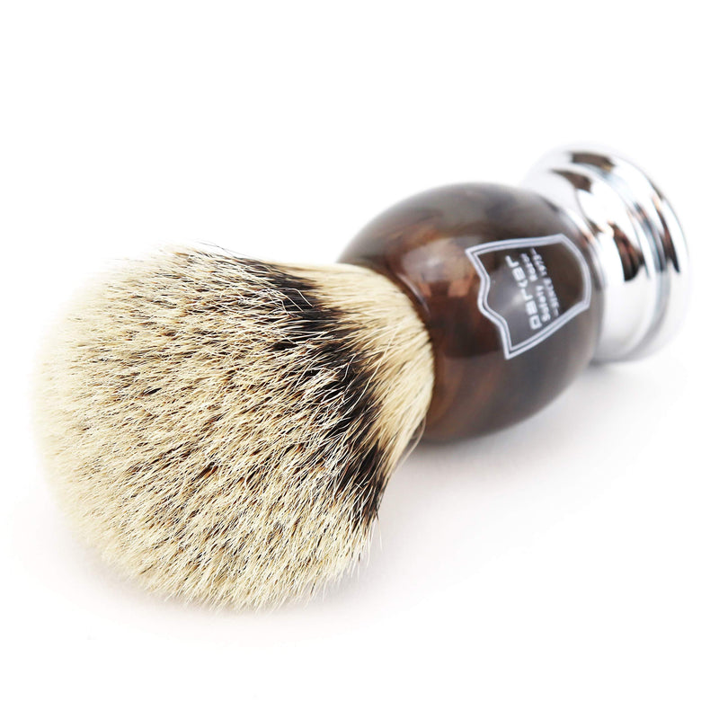 Parker Safety Razor - Faux Horn Handle, 100% Silvertip Badger Men's Shaving Brush & Stand, Hand Crafted with Parker's Long Loft Bristles