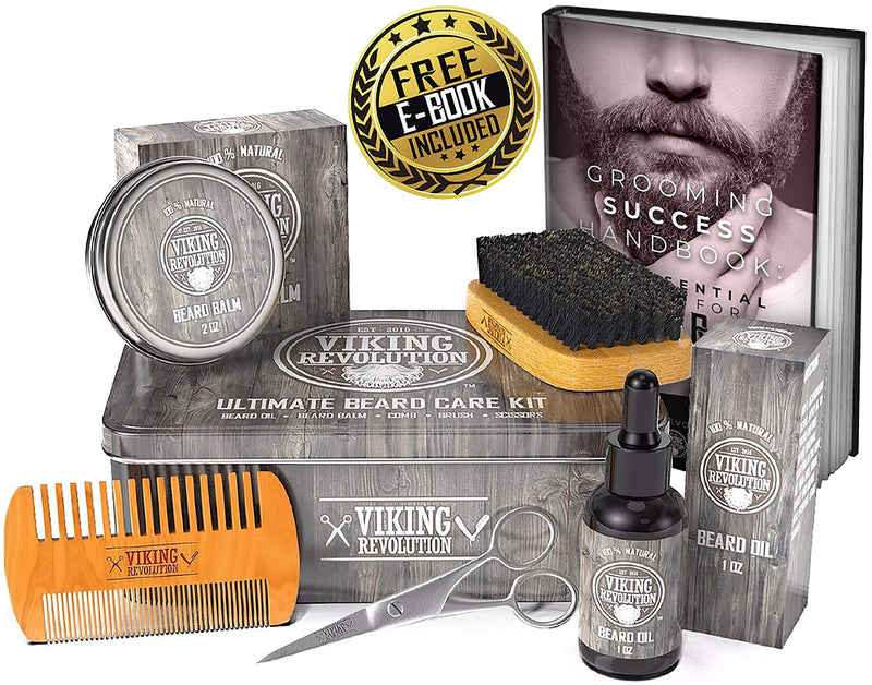 Viking Revolution Beard Care Kit for Men - Ultimate Beard Grooming Kit includes 100% Boar Menâ€™s Beard Brush, Wooden Beard Comb, Beard Balm, Beard Oil, Beard & Mustache Scissors in a Metal Box 6 Piece Set
