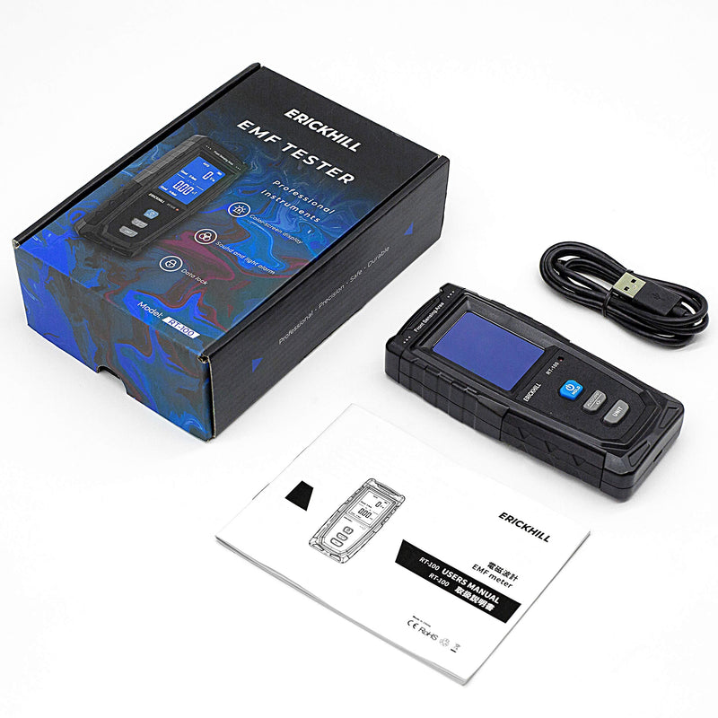 ERICKHILL EMF Meter, Digital Electromagnetic Field Radiation Detector Hand-held LCD EMF Detector Rechargeable for Home EMF Inspections, Office, Outdoor MF/EF Meter RT-100