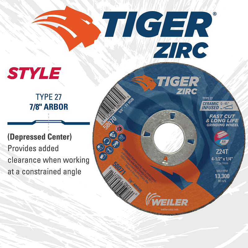 Weiler 58071 4-1/2" x 1/4" Tiger Zirc Type 27 Grinding Wheel, Z24T, 7/8" A.H. (Pack of 10) 4 1/2" Dia TYPE 27 7/8" Arbor
