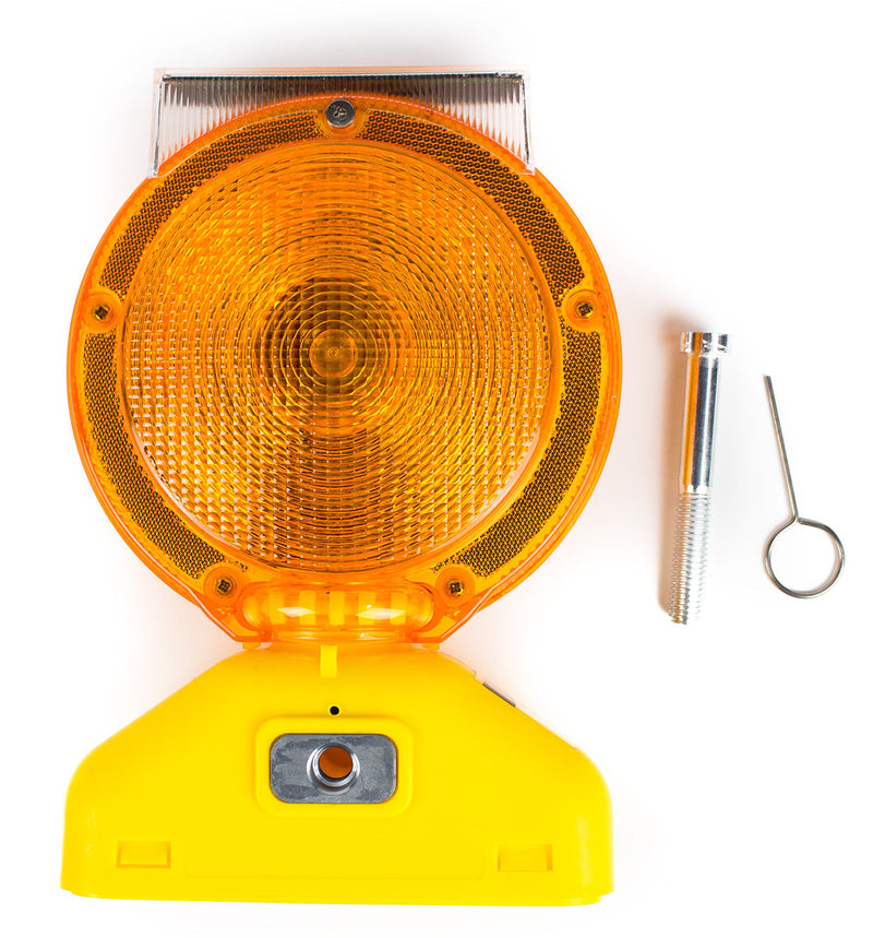 (One Ea) RK Safety BLIGHT-ST Solar Rechargeable Barricade Amber LED Warning Lights | Traffic signal Flashing 2-Sided Visibility, Type A/C, 3-Way Operation Switch | W/Switch Pin and Bolt