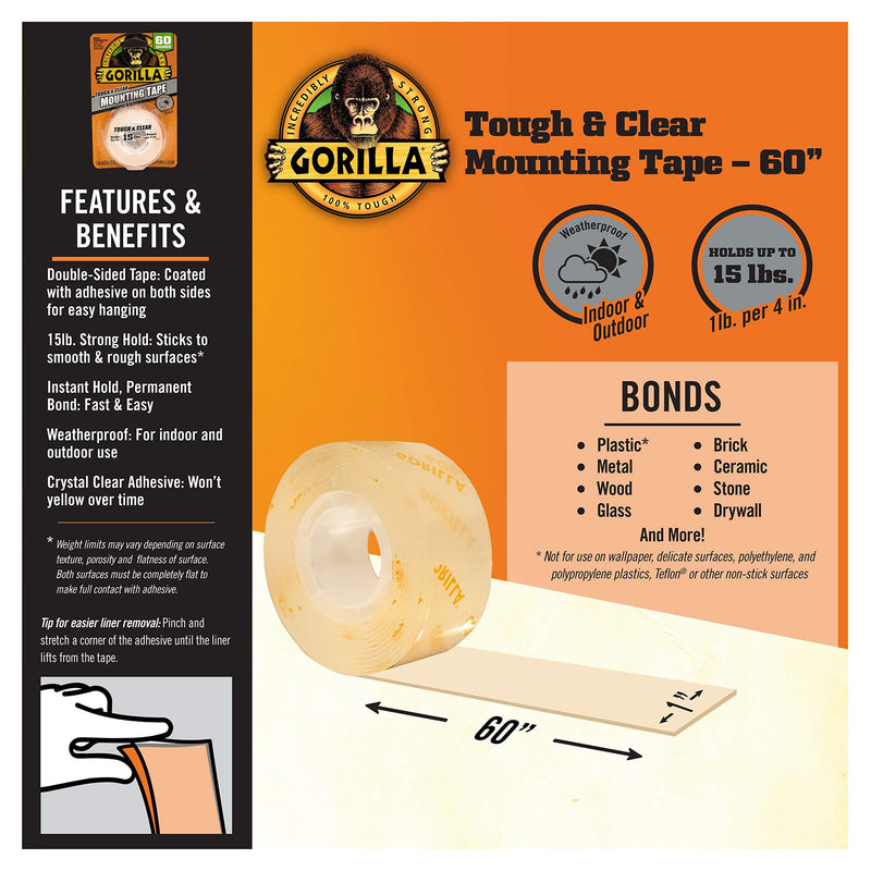 Gorilla Tough & Clear Double Sided Mounting Tape, 1" x 60", Clear, (Pack of 1) 1 Pack