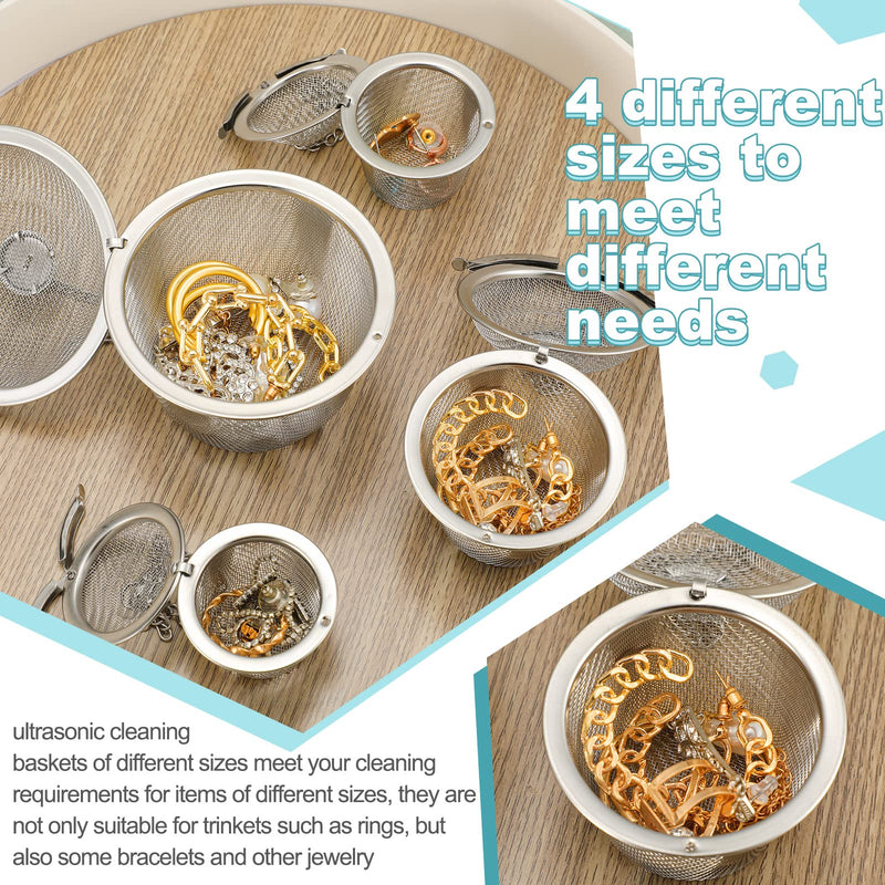 5 Pcs Ultrasonic Cleaner Baskets Stainless Steel Parts Basket Jewelry Steam Cleaner Basket Cleaning Holder with Lock and Hook for Cleaning Jewelry, 1.8 Inch, 2 Inch, 2.6 Inch, 3.4 Inch