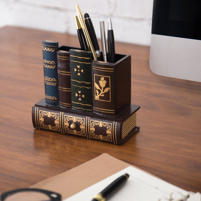 Decorative Library Books Design Wooden Office Supply Caddy Pencil Holder Organizer with Bottom Drawer