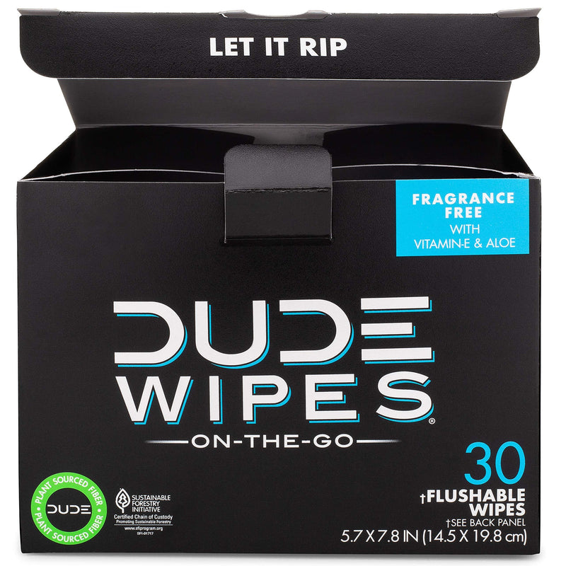 DUDE Wipes Flushable Wipes, Individually Wrapped for Travel, Unscented Wet Wipes with Vitamin-E & Aloe, Septic and Sewer Safe, 30 Count (Pack of 2)