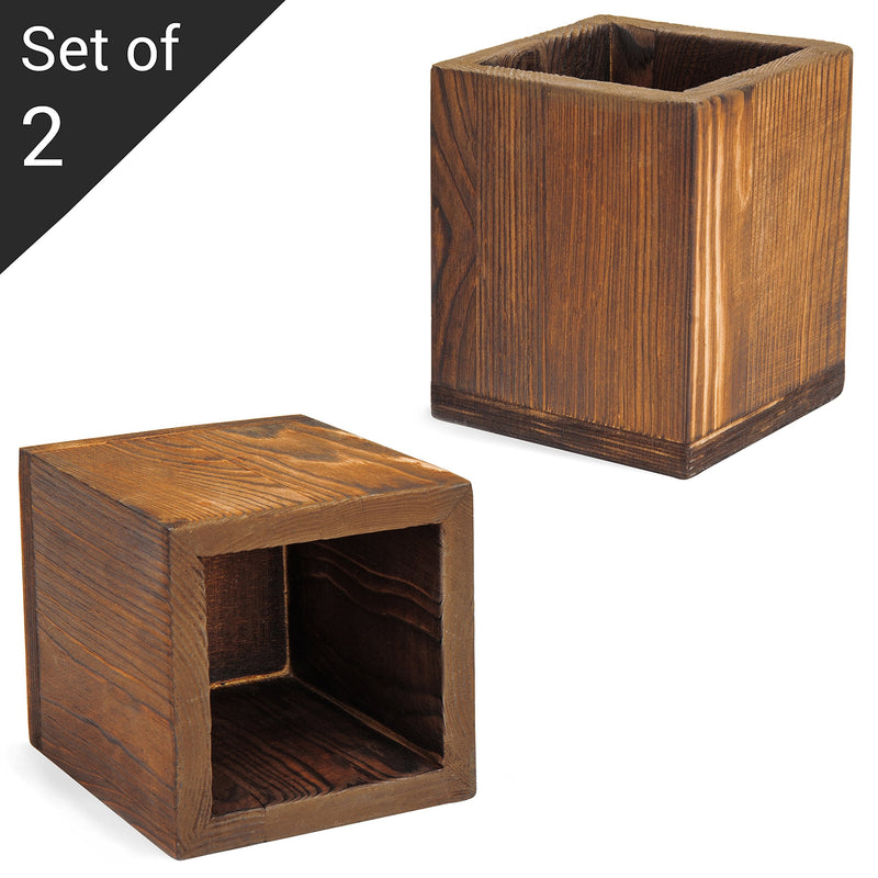 MyGift Dark Brown Natural Wood Pen & Pencil Holder Cups, Desktop Office Organizer, Small Storage Caddy Box Set of 2