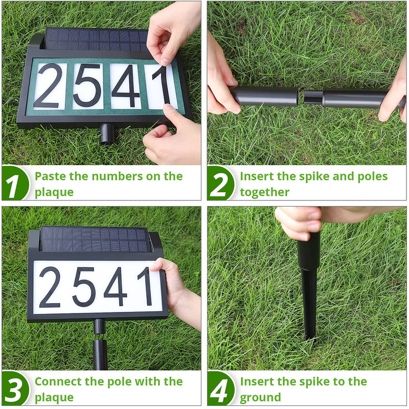 Solar Address Sign Lighted House Numbers Waterproof, Solar Powered LED Illuminated Address Plaques with Stakes, 3-Color in 1 Outdoor Address Number for Home Street Yard Driveway