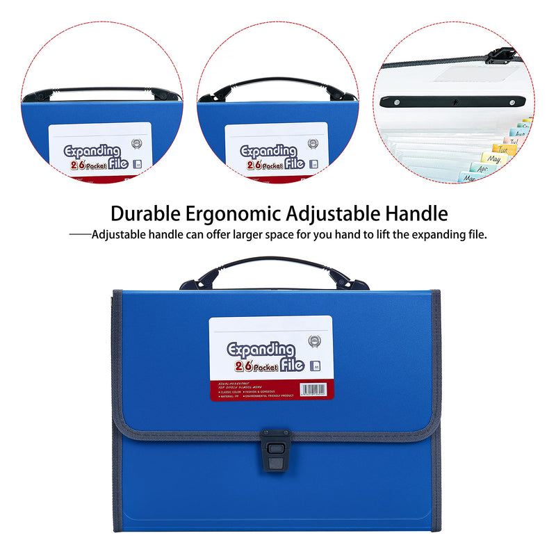 FANWU 26 Pockets Expanding File Accordion Folder with Handle - Letter A4 Paper Size - Expandable Large Plastic File Folder Wallet Monthly Portable Document Organizer with Flap & Buckle (Blue) Blue