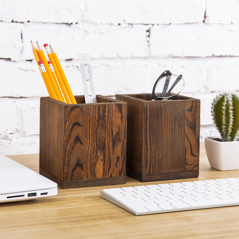 MyGift Dark Brown Natural Wood Pen & Pencil Holder Cups, Desktop Office Organizer, Small Storage Caddy Box Set of 2