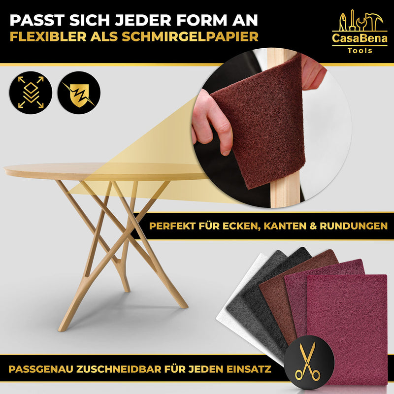 Sanding fleece for sanding wood - Made in Germany - Set of 6: 5 sanding pads with 5 grain sizes 100-1000 + 1 cleaning fleece without grain - 150x210mm - Sanding fleece for wood, metal, stainless steel and much more. Mix set