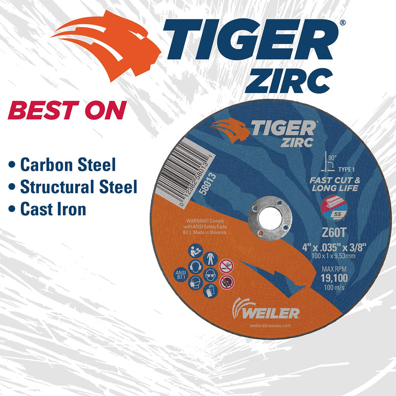 Weiler 58013 4" x .035" Tiger Zirc Type 1 Cutting Wheel, Z60T, 3/8" A.H. (Pack of 25) 4" Dia TYPE 1 3/8" Arbor