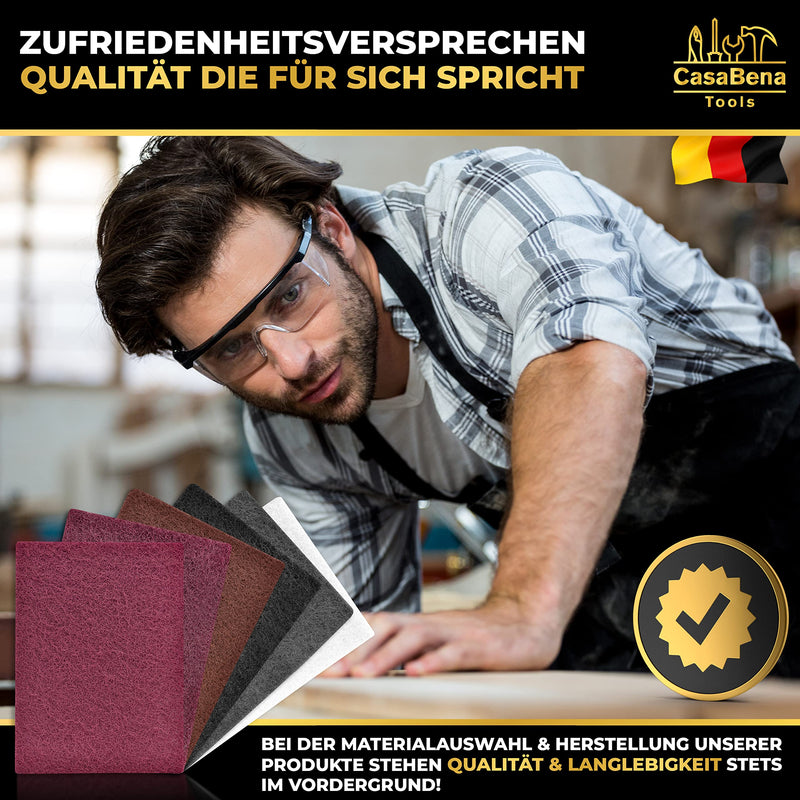 Sanding fleece for sanding wood - Made in Germany - Set of 6: 5 sanding pads with 5 grain sizes 100-1000 + 1 cleaning fleece without grain - 150x210mm - Sanding fleece for wood, metal, stainless steel and much more. Mix set