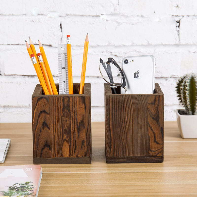 MyGift Dark Brown Natural Wood Pen & Pencil Holder Cups, Desktop Office Organizer, Small Storage Caddy Box Set of 2