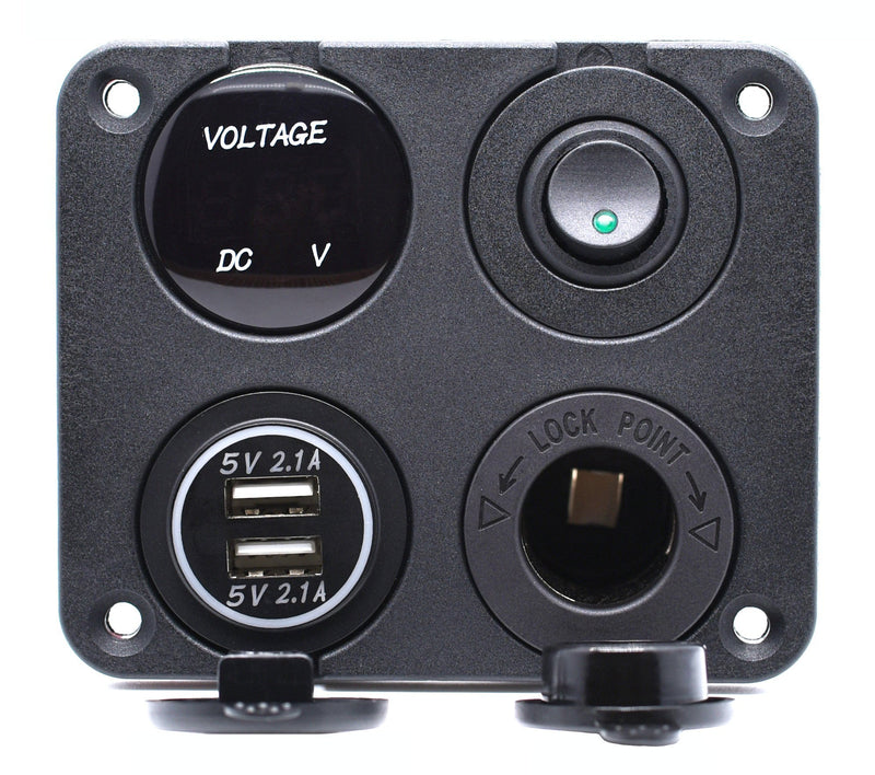 Cllena Dual USB Socket Charger 2.1A&2.1A + LED Voltmeter + 12V Power Outlet + ON-Off Toggle Switch Four Functions Panel for Car Boat Marine RV Truck Camper Vehicles GPS Mobiles (Green) Multi-Functions Panel - Green