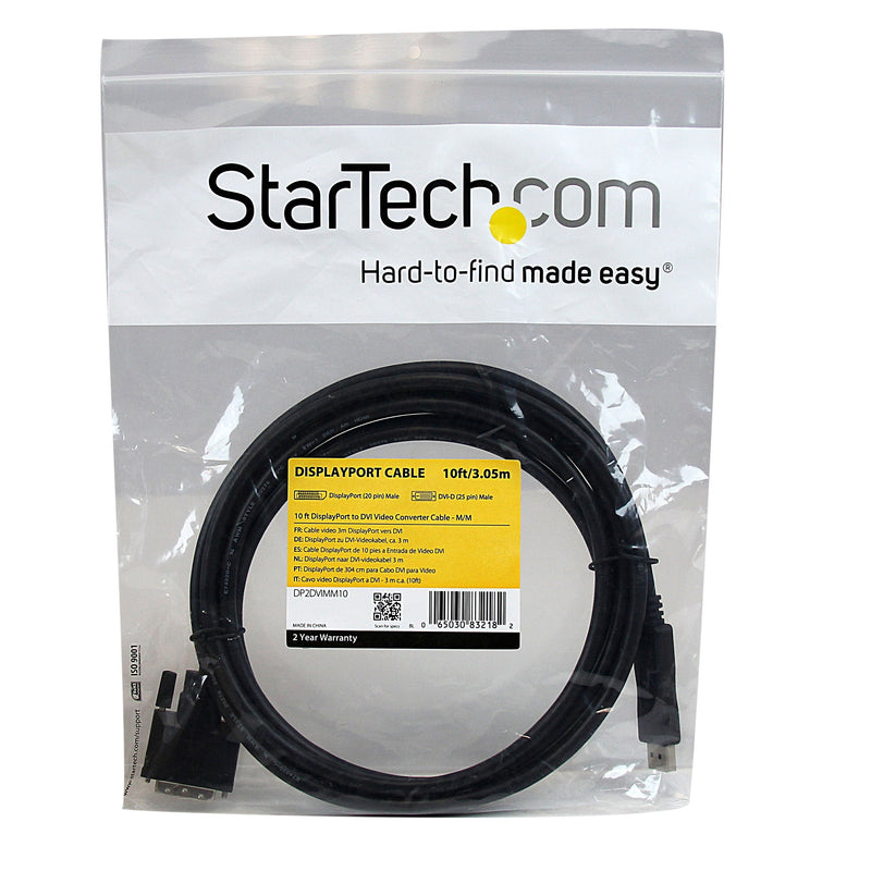 StarTech.com 10ft (3m) DisplayPort to DVI Cable - DisplayPort to DVI Adapter Cable 1080p Video - DisplayPort to DVI-D Cable Single Link - DP to DVI Monitor Cable - DP 1.2 to DVI Converter (DP2DVIMM10) 3m (10ft) Standard Packaging