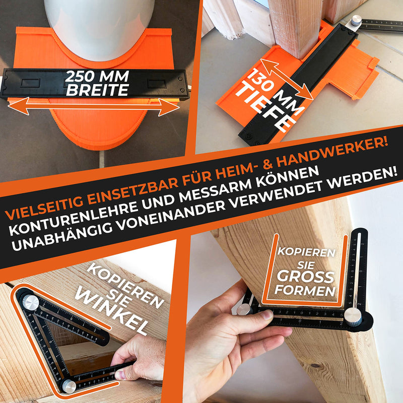 THORVALD tool contour gauge with lock and angle template - 25cm contour gauge contour template for tiles, parquet, laminate - incl. deep hole marker + instructions - contour taker with lock
