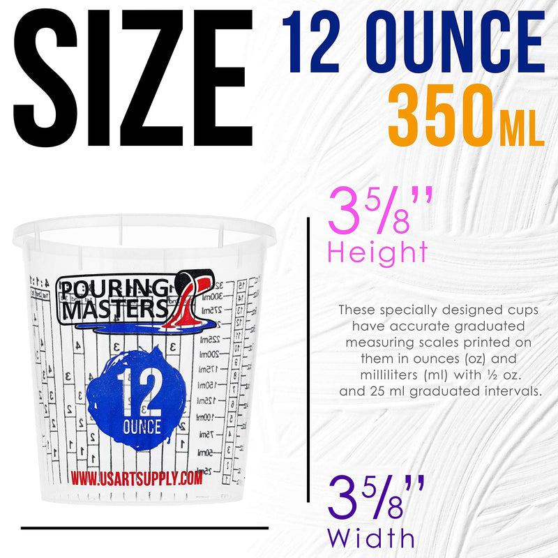 Pouring Masters 12 Ounce (350ml) Graduated Plastic Mixing Cups (Box of 20) - Use for Paint, Resin, Epoxy, Art, Kitchen, Cooking, Baking - Measurements in OZ. and ML, 4 Different Measuring Ratios 1:1 12-Ounce