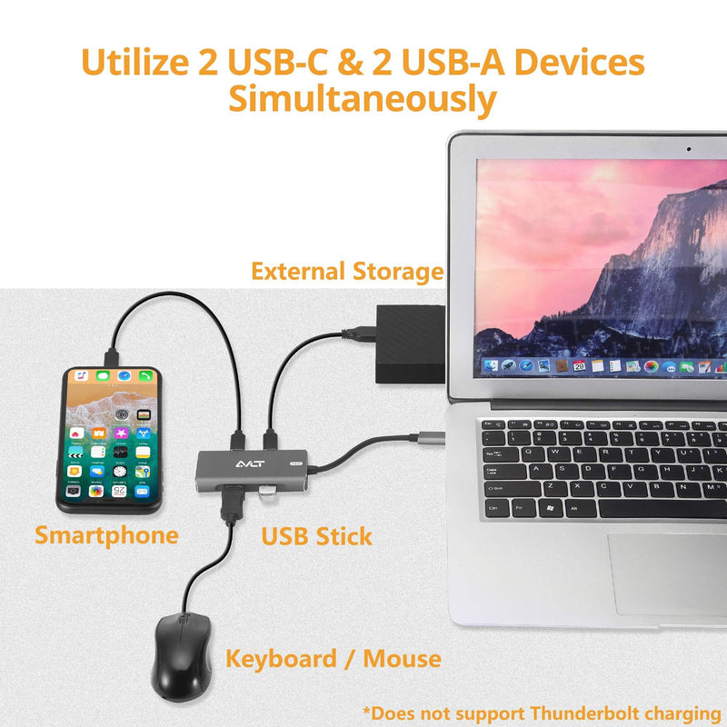 AVLT 4-Port USB 3.1 Gen 2 10G Hub - USB-A x2 USB-Cx2 - Portable USB-C Hub for MacBook Pro, iMac, iPad Pro, MacBook Air, Surface Pro, Pixel Slate, Galaxy Tab (Does Not Support USB-C Video Display)