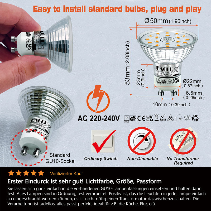 EACLL GU10 LED warm white 4.9W replaces 70W halogen bulbs, pack of 4. 515 Lumen 2700K Bulbs, AC 230V Flicker-Free Spotlights, Beam Angle 120° Spot, Not Dimmable Reflector Lamps 4.9w 2700k Warm White Light Pack of 4 (Pack of 1)