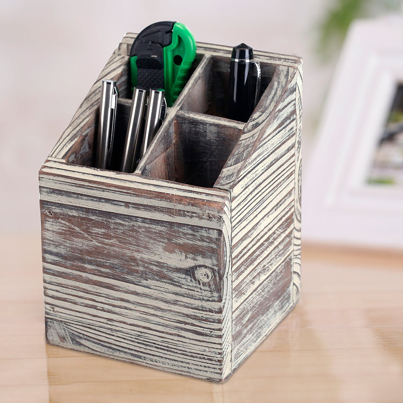 MyGift Rustic Torched Wood 4 Slot Pen Pencil Holder, Square Desktop Office Supply Storage Box