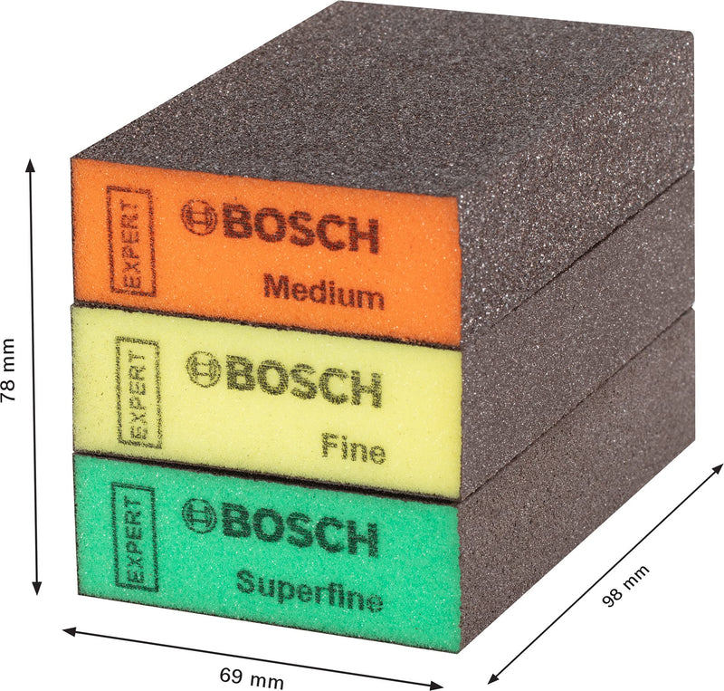 Bosch Professional 3x Expert S471 Standard Blocks (sanding sponge for soft wood, paint on wood, 69 x 97 x 26 mm, fineness level medium / fine / superfine, hand sanding accessories) 3 pieces New version standard block