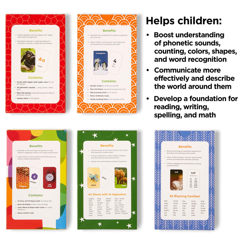 Think Tank Scholar Preschool Flash Cards Bundle - Alphabet (ABC) Letters, Math Numbers & Counting, Colors & Shapes, First Words & Opposites, & Rhyming for Toddlers Ages 2-6
