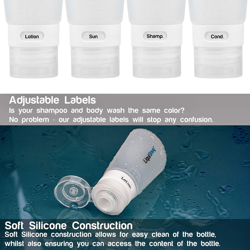 LiquiSnugs Premium - 100% Guaranteed Leak Proof - Silicone Travel Bottles (4 PACK) TSA Approved. Premium Range with Suction Cups and Adjustable Labels - by TravelSnugs