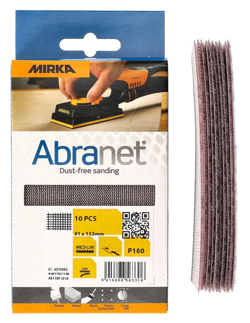 Mirka Abranet mesh sanding strips 81x133 mm Velcro / grain P180 / 10 pieces / for sanding wood, filler, paint, plastic / AE178F1018
