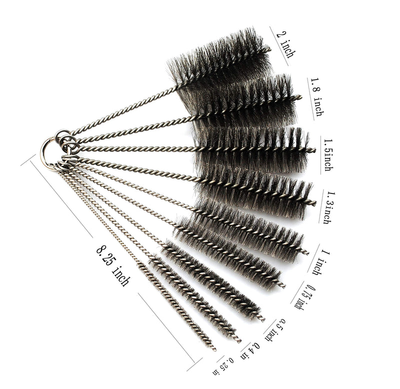 Pipe Cleaning Brush Set Stainless Steel Bristles, Stainless Steel Pipe Brush Steel Bottle Brush 9 Piece Variety Pack For Auto Parts, Bottles, Guns, Tubes, Etc.