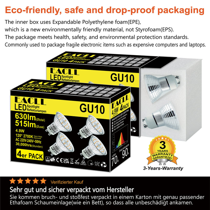 EACLL GU10 LED warm white 4.9W replaces 70W halogen bulbs, pack of 4. 515 Lumen 2700K Bulbs, AC 230V Flicker-Free Spotlights, Beam Angle 120° Spot, Not Dimmable Reflector Lamps 4.9w 2700k Warm White Light Pack of 4 (Pack of 1)