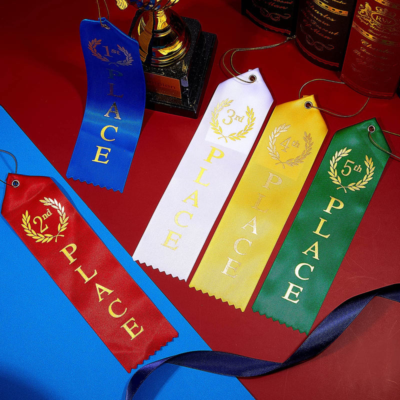 75 Pcs Award Ribbons 1st, 2nd, 3rd, 4th, 5th Place Flat Carded Set Prize Ribbon Contest Award Ribbons with Event Card and Rope for Competition, Sports Event, School, Contests