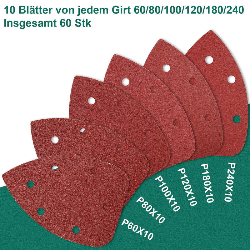 Delta sander sandpaper triangle sander 60 pieces, HYCHIKA 6 hole sandpaper (140*140*100mm) grit 60/80/100/120/180/240 Velcro sanding triangles sandpaper for delta sander/multi-sander