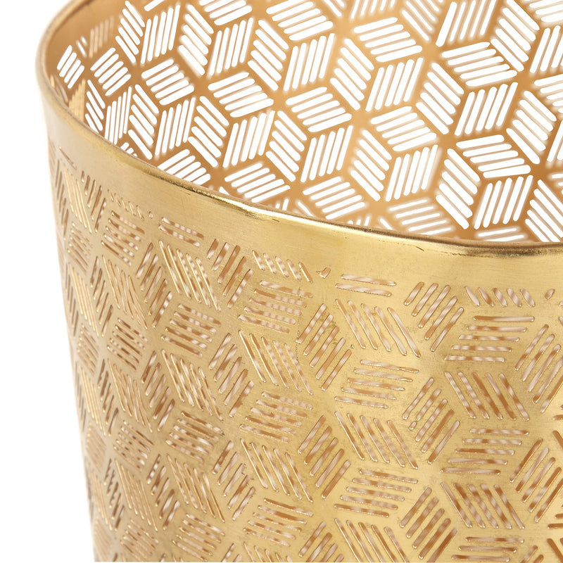 CosmoLiving by Cosmopolitan Metal Geometric Small Waste Bin with Laser Carved Design, 9" x 9" x 10", Gold Hexagon