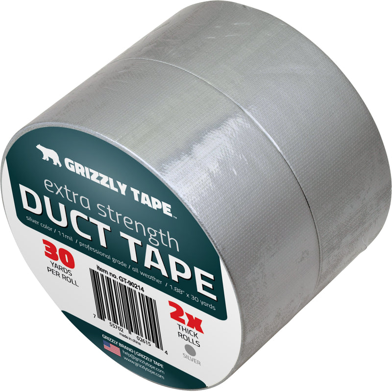 Grizzly Brand Professional Grade Duct Tape, 2-Pack, Silver Color, 11mil Thick, 1.88" Wide x 30 Yards, 2 Rolls - Ideal for Crafts, Home Improvement Projects, Repairs, Maintenance, Bulk